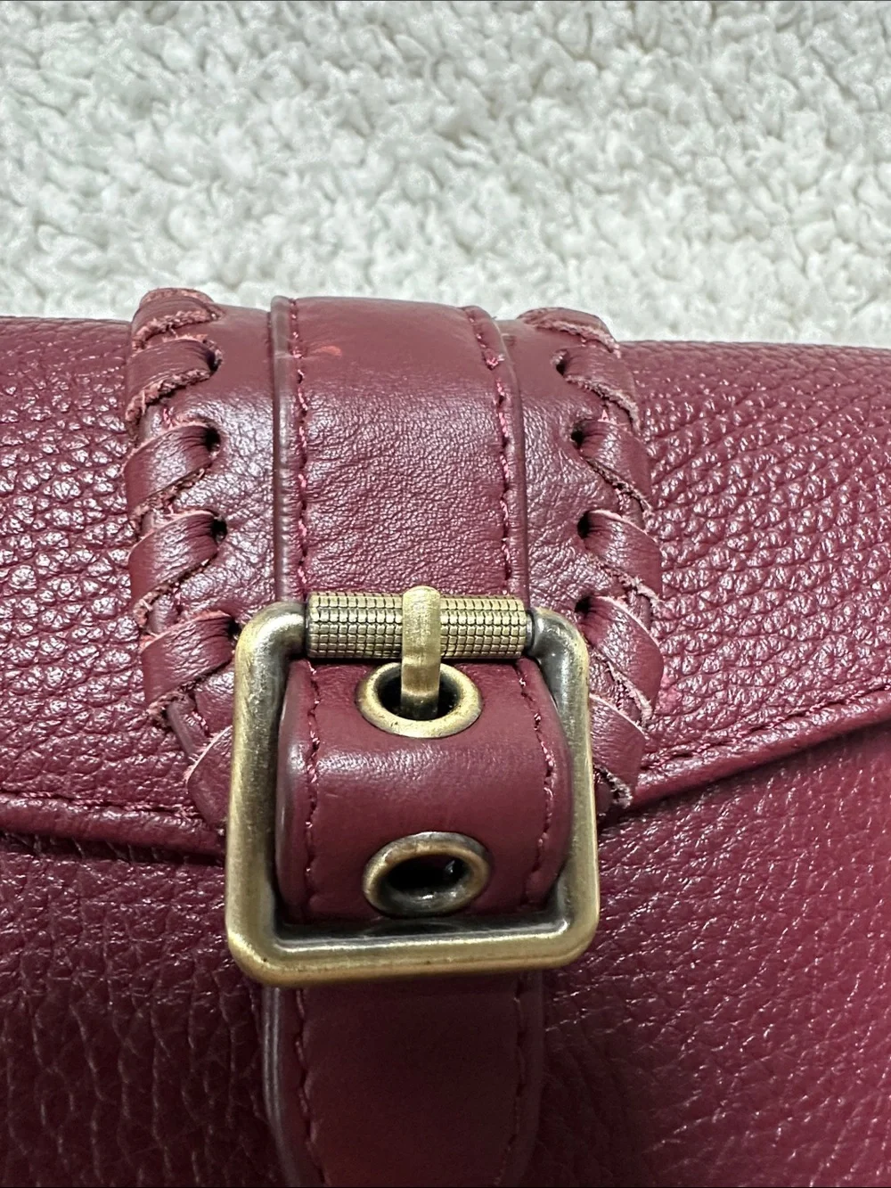 Pebbled Burgundy Genuine Leather Wallet with Buckle Strap, Whipstitch Details